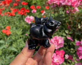 Black Obsidian Double Cat Carving: Healing Crystal SculptureCrystal Decor