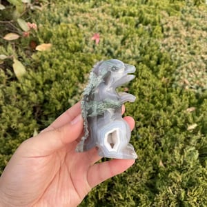 Hand Carved Druzy Moss Agate Dinosaur Carving|Crystal Animal Dinosaur Sculpture|Unique Crystal Gift for Kids and Women|Crystal Healing
