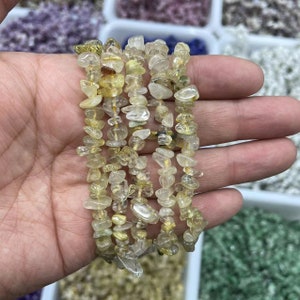 5 Pcs Gold Rutilated Quartz Chips Stretchy String Bracelets|Energy Spirituality Jewelry Gold Rutilated Bracelets Gift for Women and Men