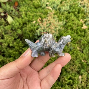 Hand Carved Druzy Moss Agate Dinosaur: Crystal Sculpture Gift