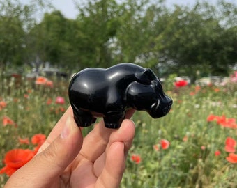 Black Obsidian Polished Hippo Carving|Crystal Animal Hippo Sculpture Crystal Healing|Handmade Animal Sculpture Gift for Women and Kids #05
