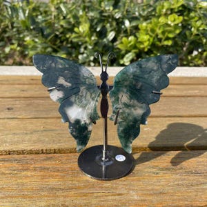 Hand Carved Moss Agate Butterfly Wings with Stand|Crystal Butterfly Wings Sculpture|Spiritual Healing Crystal Carving Crystal Wings Gift #B