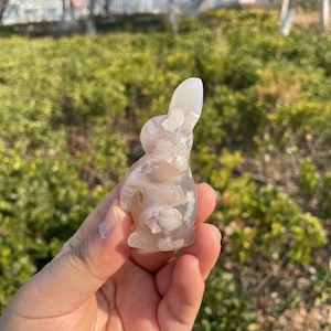 Cute Flower Agate Rabbit Carving|Healing Crystal Carving|Crystal Animal Bunny Sculpture|Energy Stone|Crystal Gift for Her and Kids #03