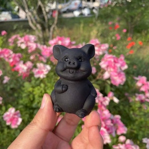 Lovely Black Obsidian Pig Carving|Healing Crystal|Crystal Obsidian Pig Statue|Crystal Pig Sculpture|Crystal Pig Gift for Women and Kids # B