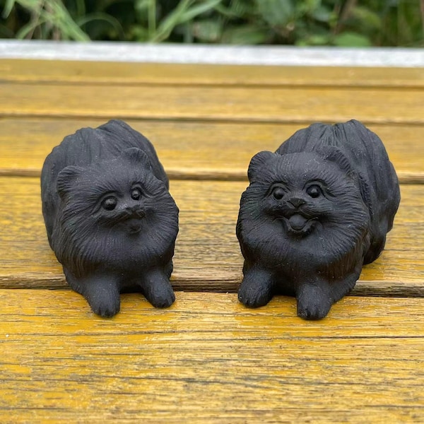 Obsidian Dog Carving: Reiki Healing Crystal Pomeranian Statue