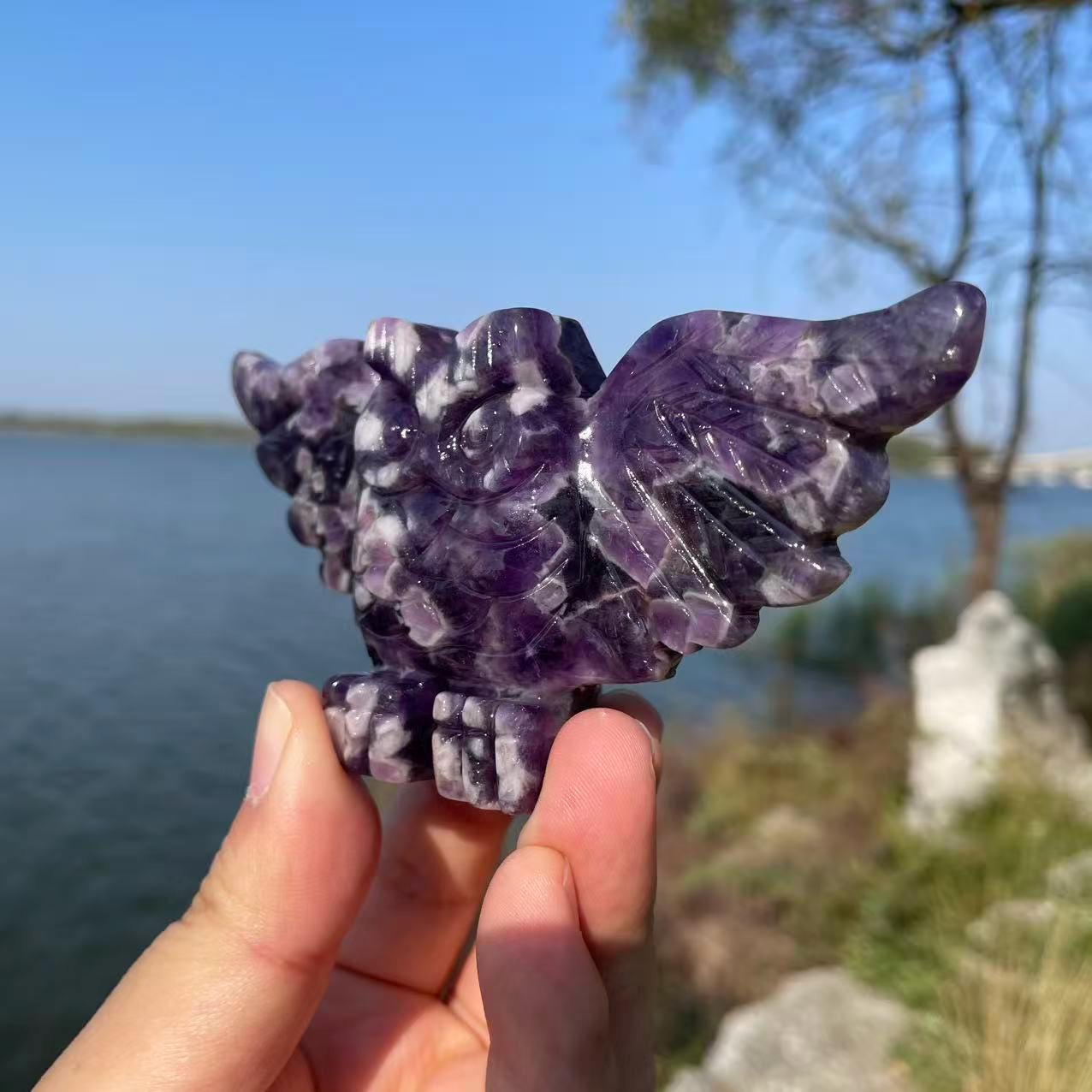 Saturday, May 23rd NEW They Serpentine Owl Carvings on Amethyst display picture 1