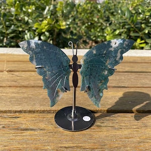 Hand Carved Moss Agate Butterfly Wings with Stand|Crystal Butterfly Wings Sculpture|Spiritual Healing Crystal Carving Crystal Wings Gift #A