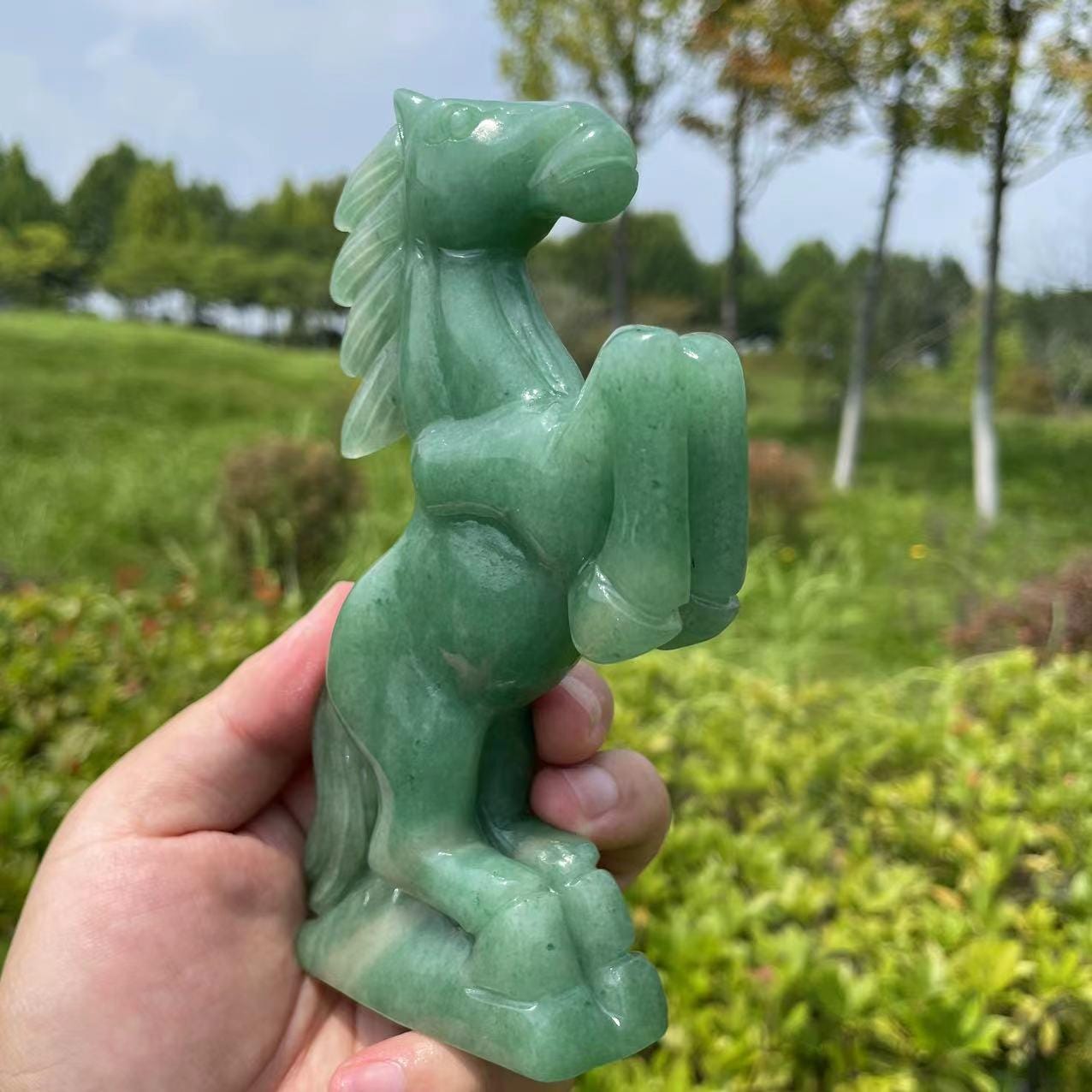 グリーンアベンチュリンの馬の彫刻：クリスタル動物の置物（5.89インチ