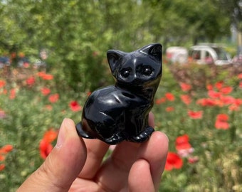 Black Obsidian Cat Carving: Healing Crystal Animal SculptureCrystal Decor