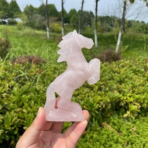 Rose Quartz Horse Carving: Crystal Animal Figurine, Healing Stone (5.92 inches)