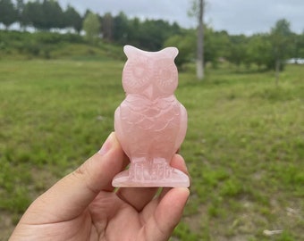ローズクォーツフクロウ、フクロウの彫刻、ピンクのフクロウ、フクロウ