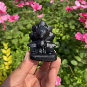 Lovely Black Obsidian Fox Carving|Crystal Healing Carving|Crystal Animal Nine-Tailed Fox Sculpture|Energy Stone Fox Gift for Women and Kids
