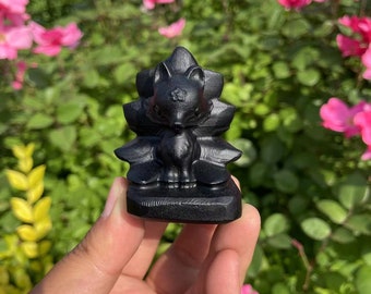 Talla de zorro en obsidiana negra: escultura animal de cristal, regalo de piedra energética