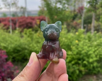 Ocean Jasper Dog Carving: Crystal French Bulldog Statue