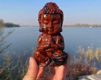 Buda tallado en obsidiana roja de 4,5 pulgadas: estatua de Buda de cristal curativo