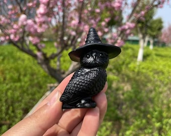 Natural Black Obsidian Owl Carving|Healing Crystal Carving|Crystal Animal Owl Carving|Crystal Owl Sculpture|Owl Gift for Women and Kids