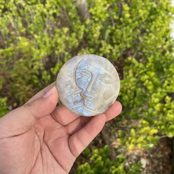 Bigger Moonstone Moon and Sun Carving with Blue Flash|Crystal Hand Carved Carving|Gift for Her and Kids|Spiritual Mineral Crystal Stone