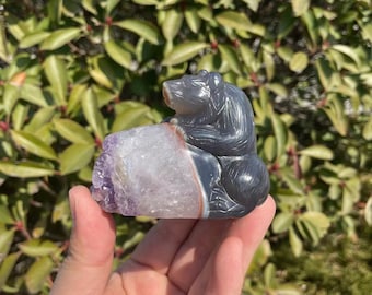 Hand Carved Agate Bear with Amethyst Cluster: Crystal SculptureCrystal Decor