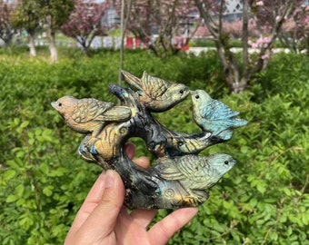 Hand Carved Labradorite Birds Sculpture: Spiritual Crystal StatueCrystal Decor