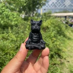 Funny Black Obsidian Dog Carving|Quartz Animal Carving|Obsidian Animal French Bulldog Carving|Crystal healing|Crystal gift for Kid and Women