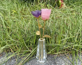 Fleurs en cristal de quartz rose et d'améthyste sculptées à la main - Cadeau spirituel - Décoration en cristal