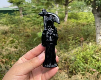 Cool Black Obsidian Grim Reaper Carving|Crystal Grim Reaper Sculpture Crystal Grim Reaper Gift for Women and Men Healing Crystal Carvings