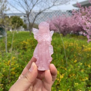 Natural Hand Carved Crystal Rose Quartz Girl Angel Carvings | Healing Crystal Spiritual Purification | Crystal Angel Gift for Women and Kids