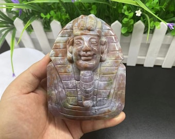 Hand Carved Ocean Jasper Pharaoh Sculpture: Crystal Healing Gift