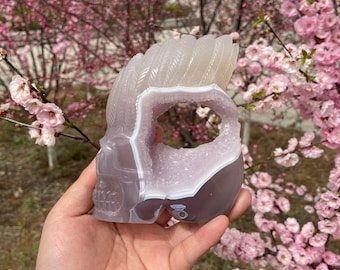 Agate Skull Carving with Pink Amethyst Cluster: Crystal SculptureCrystal Decor
