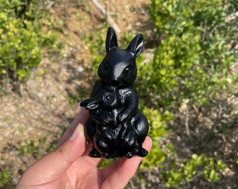 Hand Carved Black Obsidian Double Rabbit Sculpture: Healing Crystal Gift