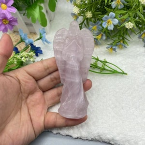 Hand Carved Crystal Rose Quartz Angel Carvings|Healing Crystal Angel Statue Spiritual Purification|Crystal Angel Gift for Women and Kids