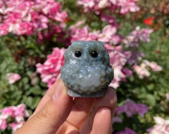 Cute Moss Agate Owl Carving|Healing Crystal|Crystal Animal Owl Sculpture|Energy Stone Owl Carving|Crystal Owl Gift for Kids and Her