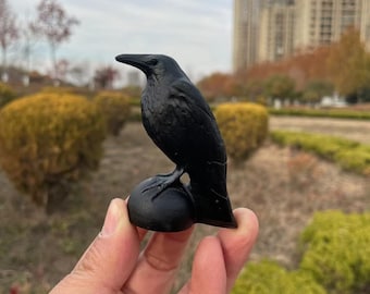 Black Obsidian Crow Carving | Carved Crystal Crow Sculpture Crystal Decor Crystal Decor