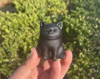 Black Obsidian Cat Carving: Healing Crystal Animal SculptureCrystal Decor