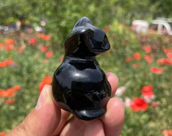 Statue Chat Obsidienne Noire – Figurine Cristal Guérison, Décoration Lithothérapie Chat Noir, Protection Énergie Positive