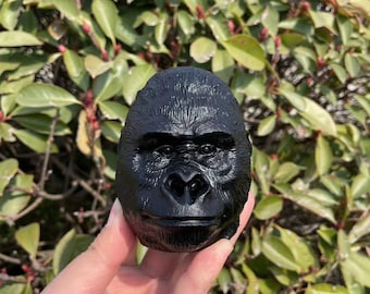 Hand Carved Black Obsidian Gorilla Head Sculpture: Healing Crystal Gift