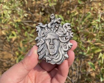 Hand Carved Silver Obsidian Medusa Sculpture: Energy StoneCrystal Decor