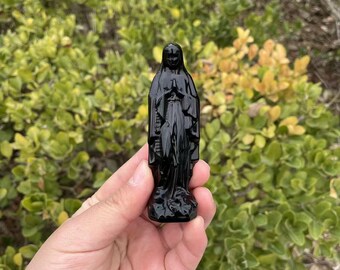 Natural Crystal Obsidian Virgin Mary Carving|Crystal Virgin Mary Sculpture Unique Crystal Gift for Kids and Women|Crystal Healing Carving