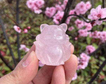 Rose Quartz Fox Carving: Crystal Animal Sculpture, Energy Stone Gift