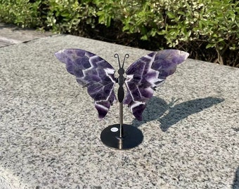 Hand Carved Amethyst Butterfly Sculpture | Crystal Wings with Stand