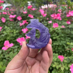 Purple Fluorite Moon Fox Carving|Crystal Healing Carving|Crystal Animal Fox Sculpture|Energy Stone Moon Fox Gift for Women and Kids