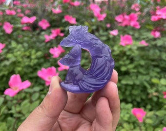Purple Fluorite Fox Moon Carving: Crystal Healing Sculpture