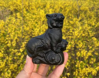 Black Obsidian Tiger Carving: Healing Crystal Animal Statue