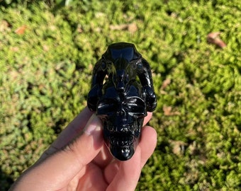 Natural Black Obsidian Skull with Horns Carving|Healing Crystal|Crystal Skull Carving|Crystal Skull Sculpture|Crystal Gift for Women and Kid