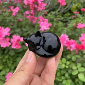 Natural Black Obsidian Cat Carving|Healing Crystal|Crystal Sleeping Cat Carving|Crystal Animal Cat Sculpture|Cat Gift for Women and Kids