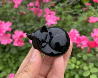 Black Obsidian Sleeping Cat Carving: Healing Crystal SculptureCrystal Decor