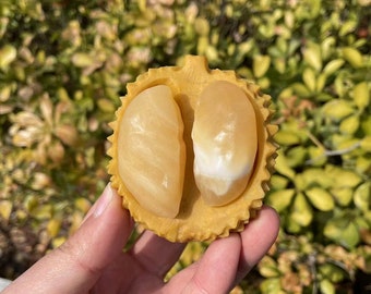 Hand Carved Honey Calcite Durian Sculpture: Healing Crystal GiftCrystal Decor