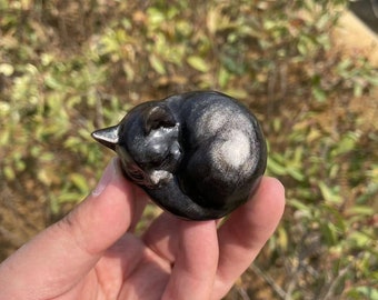 Silver Obsidian Sleeping Cat Carving: Natural Flash Crystal SculptureCrystal Decor