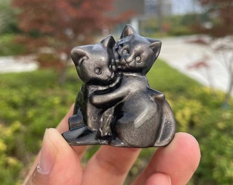 Silver Obsidian Cat Carving: Healing Crystal Animal SculptureCrystal Decor