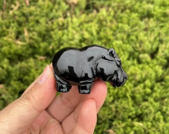 Black Obsidian Hippo Carving: Handmade Crystal Animal SculptureCrystal Decor